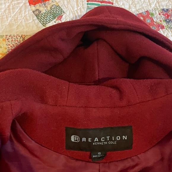 Y2K Vintage Kenneth Cole Dark Wine Burgundy Hooded Winter Peacoat Sz 10 Medium - Picture 6 of 6